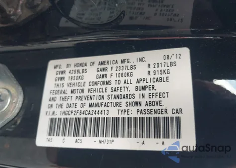 2012 Honda Accord 2.4 Se from USA, damaged, VIN 1HGCP2F64CA244413